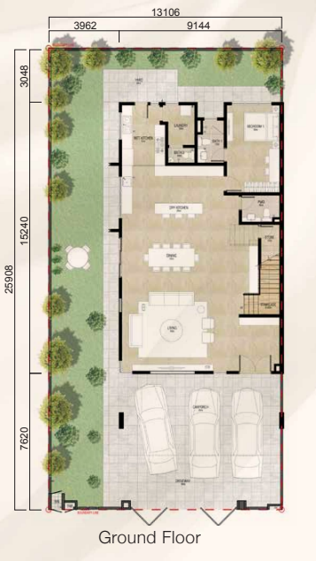 Danga Sutera Skudai Semi-Detached Homes (Phase 2) Danga Sutera Skudai Type A (43ft x 85ft) ground floor plan with living, dining, wet kitchen and maid's room