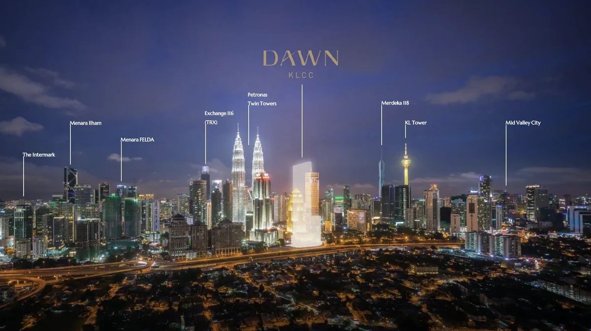 Dawn KLCC site location against the Kuala Lumpur skyline, showing proximity to Petronas Twin Towers, Merdeka 118, TRX and KL Tower