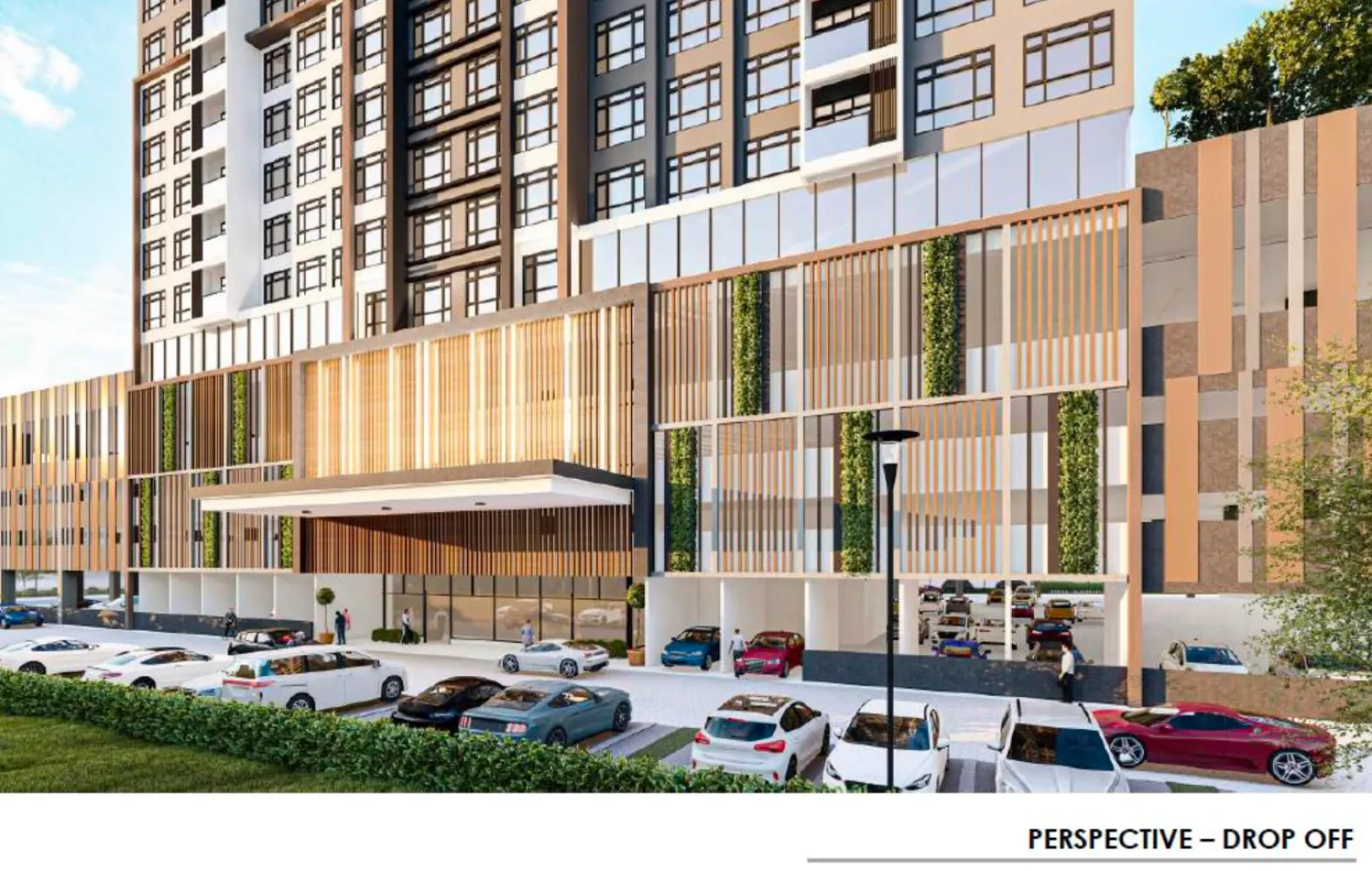 Perspektif dekat kanopi drop-off dan fasad tumbuhan menegak Daya 1 Residences