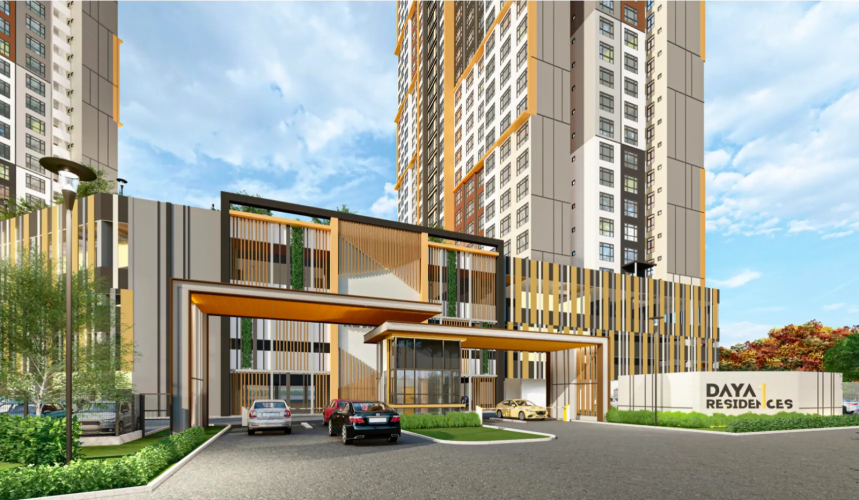 Fasad drop-off utama Daya 1 Residences dengan papan tanda pintu masuk dan halaman berlandskap