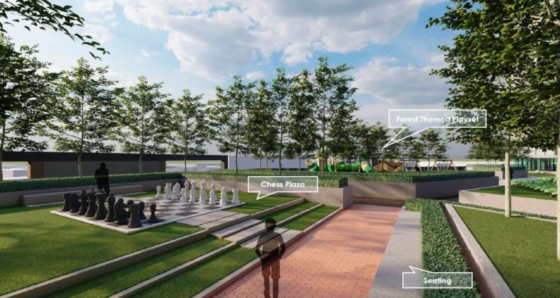 Plaza catur Daya 1 Residences dengan set catur gergasi, tempat duduk dan set permainan bertema hutan di latar belakang
