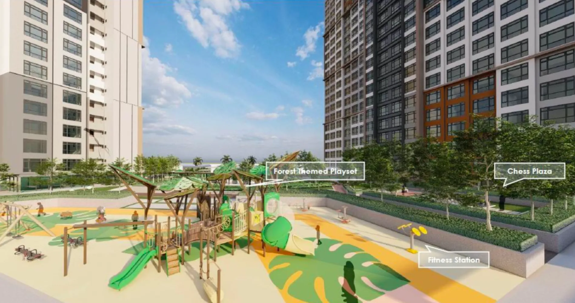 Set permainan bertema hutan Daya 1 Residences dengan label plaza catur dan stesen kecergasan
