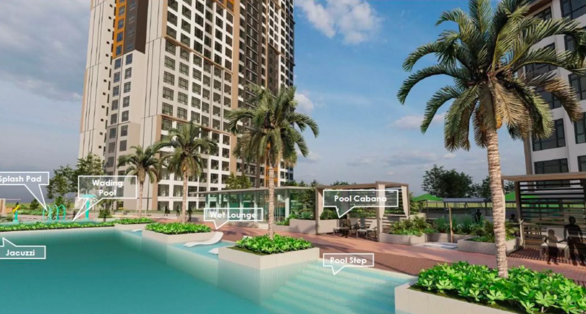 Dek kemudahan tingkat 4 Daya 1 Residences dengan label splash pad, kolam air cetek, jakuzi dan kabana kolam