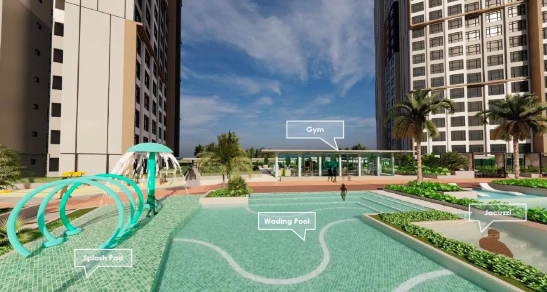 Pandangan kemudahan kolam Daya 1 Residences dengan label gim, kolam air cetek, jakuzi dan splash pad