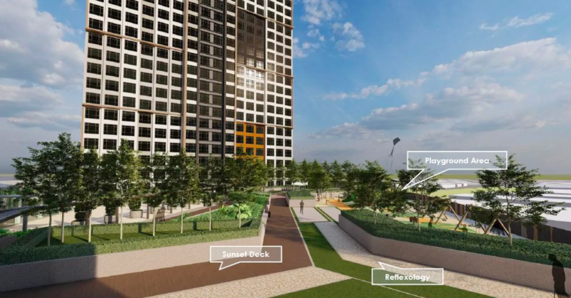Pandangan menara Daya 1 Residences dengan label dek matahari terbenam, kawasan taman permainan dan laluan refleksologi