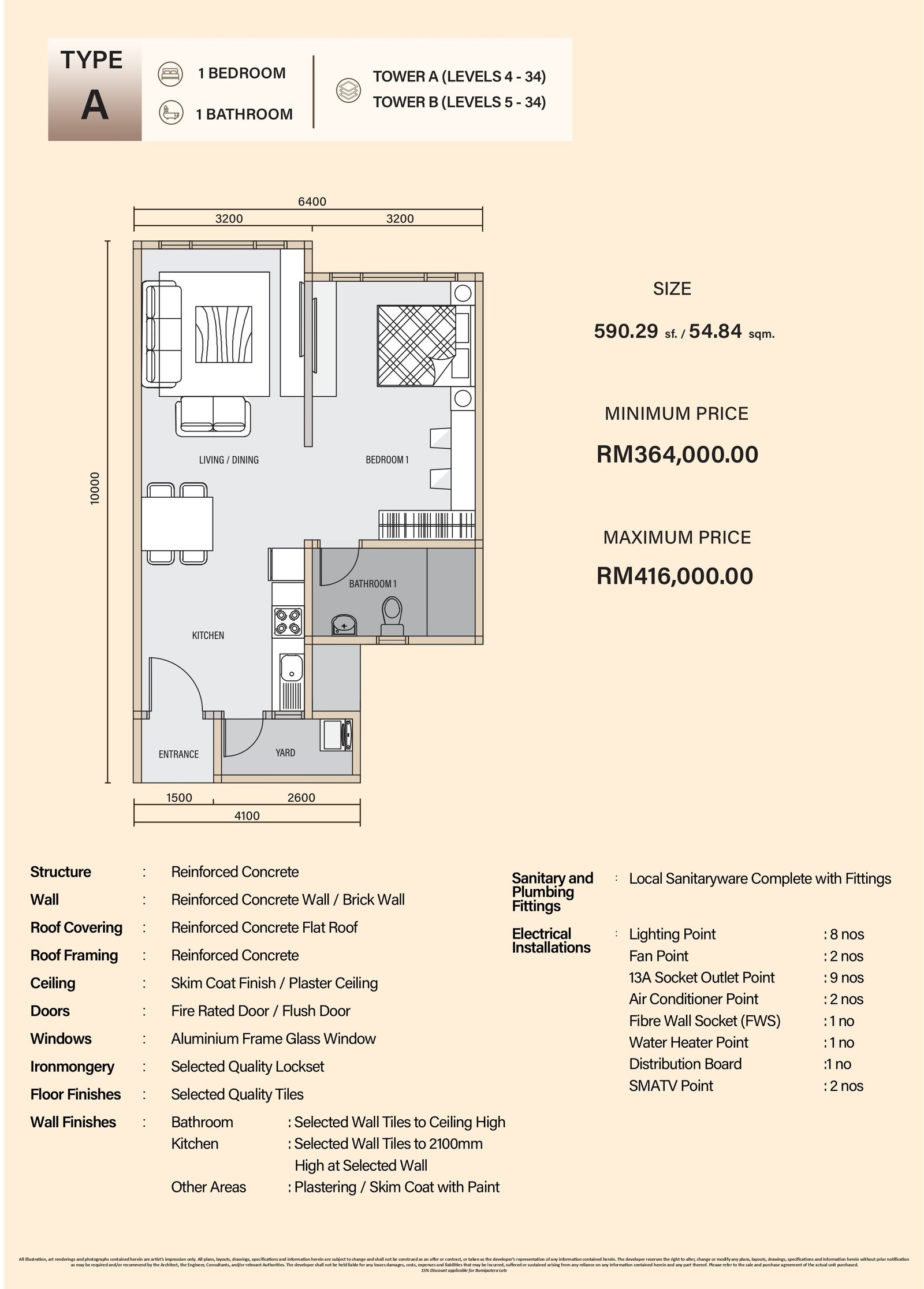 Pelan lantai Daya 1 Residences Jenis A, 590.29 kaki persegi 1 bilik tidur dengan 1 bilik air