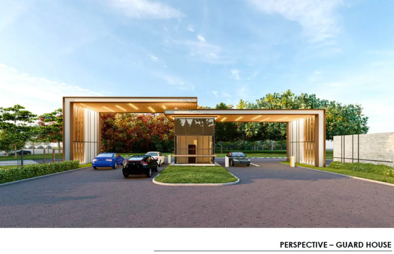 Perspektif pintu masuk rumah pengawal Daya 1 Residences dengan penghadang keselamatan dan laluan masuk berlandskap