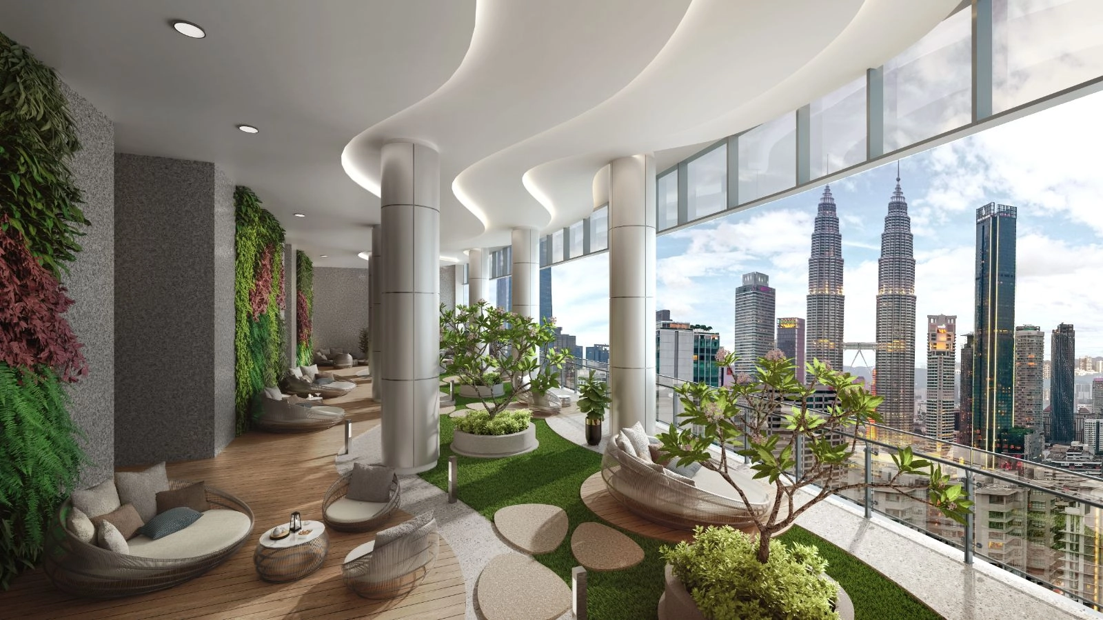 Eaton Residences @ KLCC Adventure Meadow Level 8 outdoor daybed lounge with Petronas Twin Towers view in Jalan Kia Peng, KLCC, Kuala Lumpur