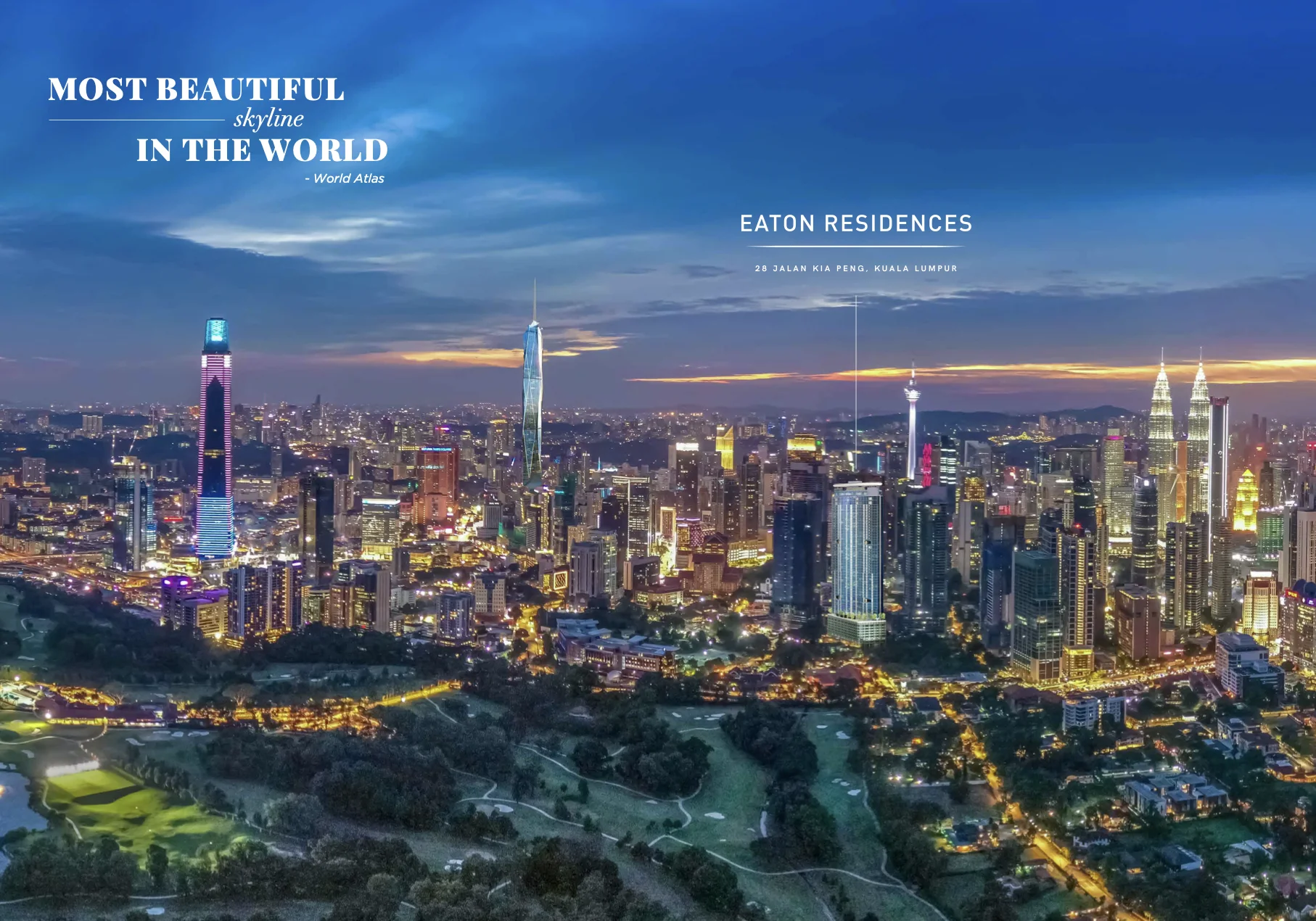 Eaton Residences @ KLCC labelled aerial skyline map showing the tower at 28 Jalan Kia Peng beside the Petronas Twin Towers and Royal Selangor Golf Club in Jalan Kia Peng, KLCC, Kuala Lumpur