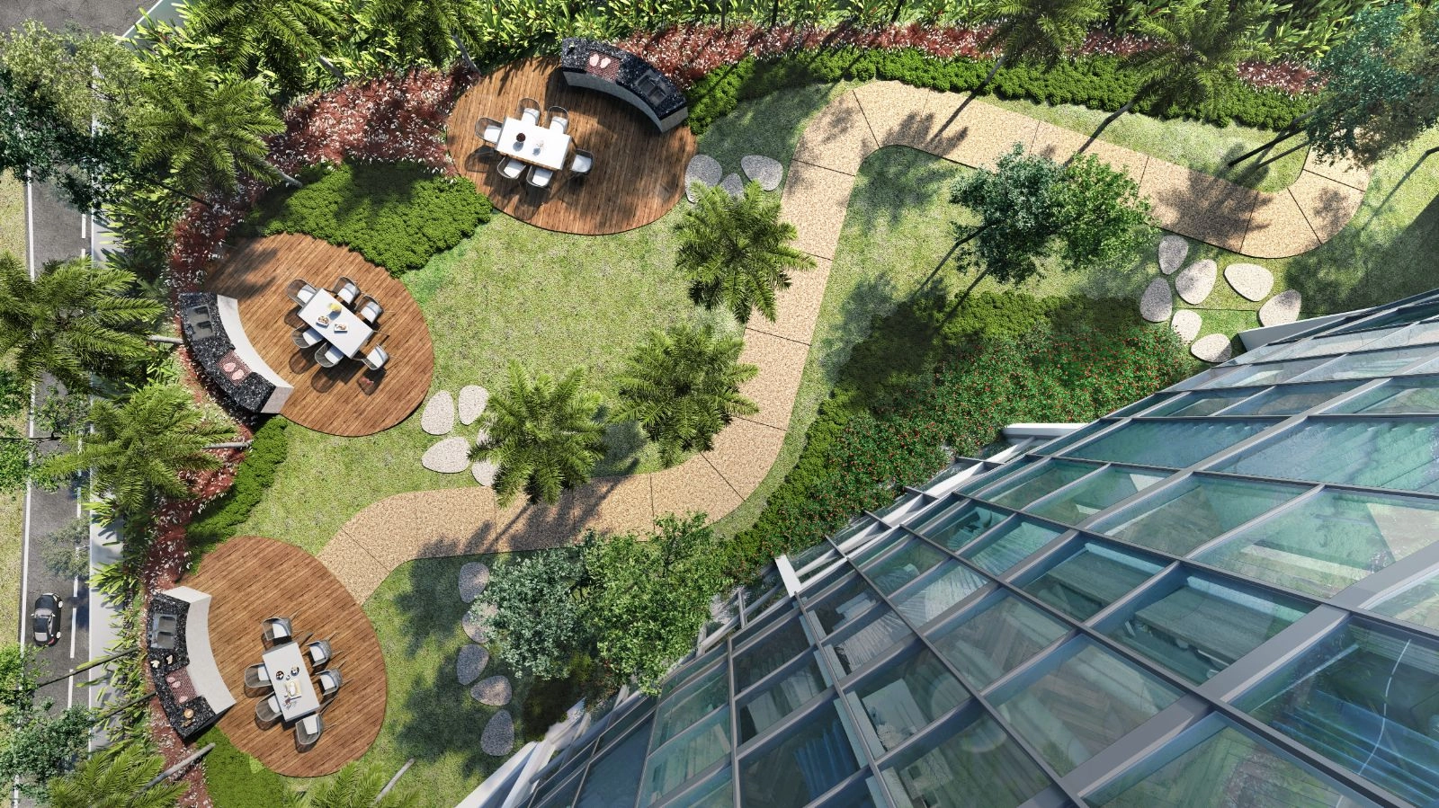 Eaton Residences @ KLCC aerial view of Adventure Meadow BBQ pods and garden dining decks in Jalan Kia Peng, KLCC, Kuala Lumpur