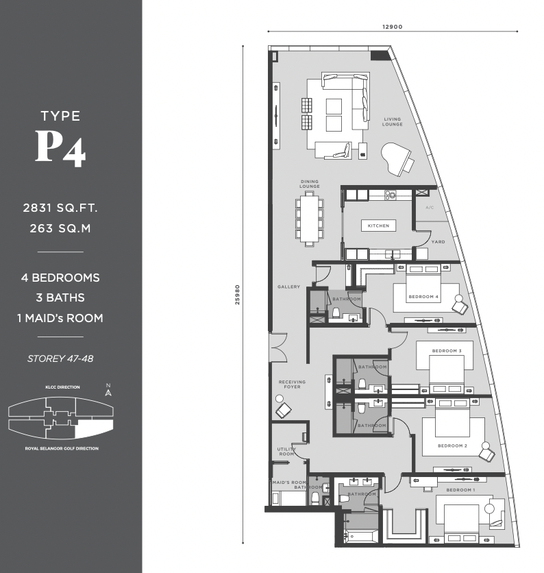 Eaton Residences @ KLCC P4顶层复式平面图，2,831平方尺，4房加佣人房