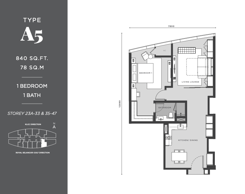 Eaton Residences @ KLCC Type A5 floor plan, 840 sqft 1-bedroom 1-bathroom layout in Jalan Kia Peng, KLCC, Kuala Lumpur