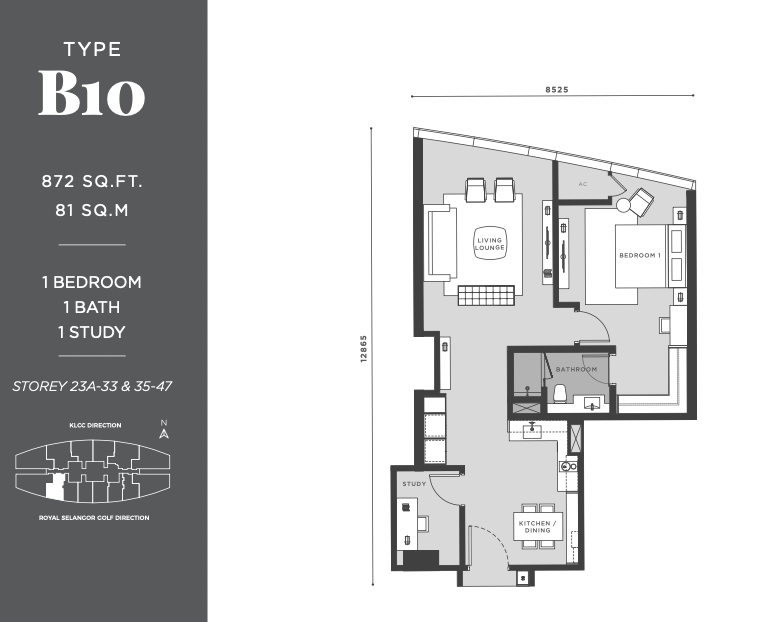 Eaton Residences @ KLCC B10户型平面图，872平方尺，1房加书房