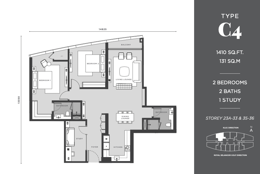 Eaton Residences @ KLCC C4户型平面图，1,410平方尺，2房加书房