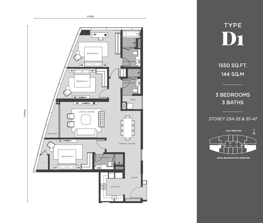 Eaton Residences @ KLCC D1户型平面图，1,550平方尺，3房3卫