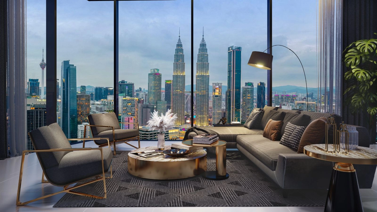Eaton Residences @ KLCC show unit living area with floor-to-ceiling window overlooking Petronas Twin Towers skyline in Jalan Kia Peng, KLCC, Kuala Lumpur