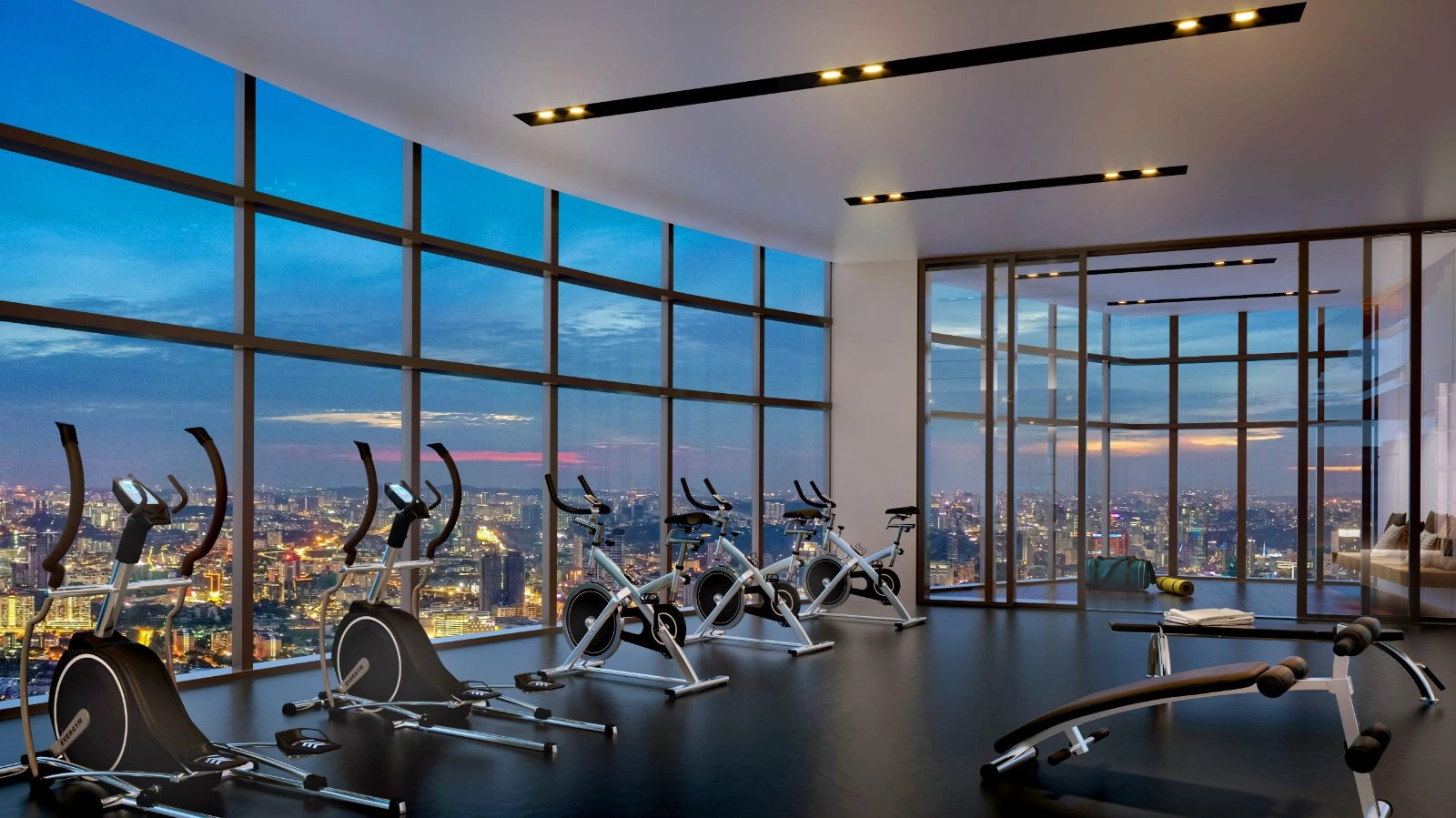 Eaton Residences @ KLCC Sky Gym on Level 50 with floor-to-ceiling city view windows in Jalan Kia Peng, KLCC, Kuala Lumpur