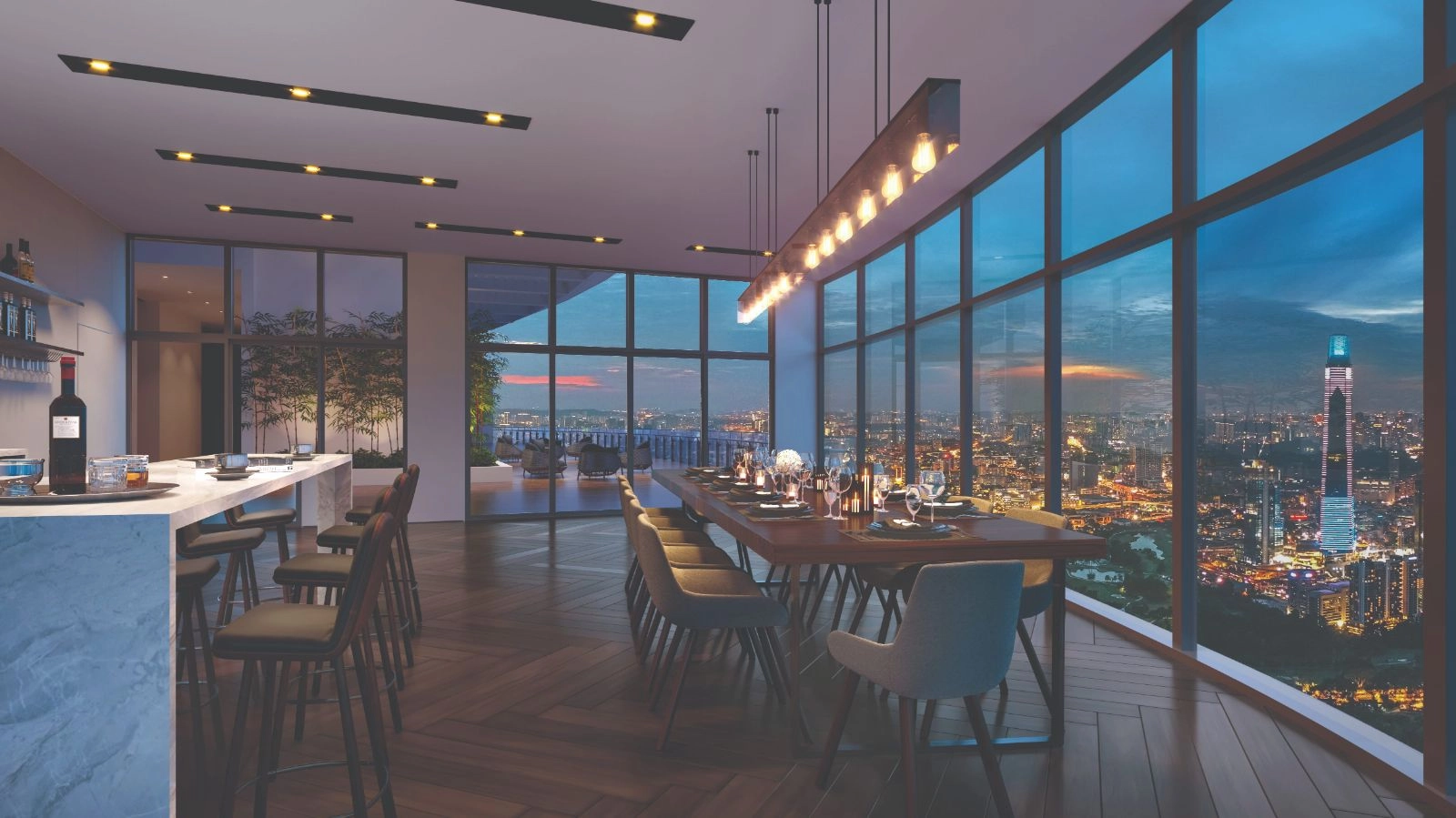 Eaton Residences @ KLCC Sky Lounge private dining and bar area on Level 50 with night skyline view in Jalan Kia Peng, KLCC, Kuala Lumpur