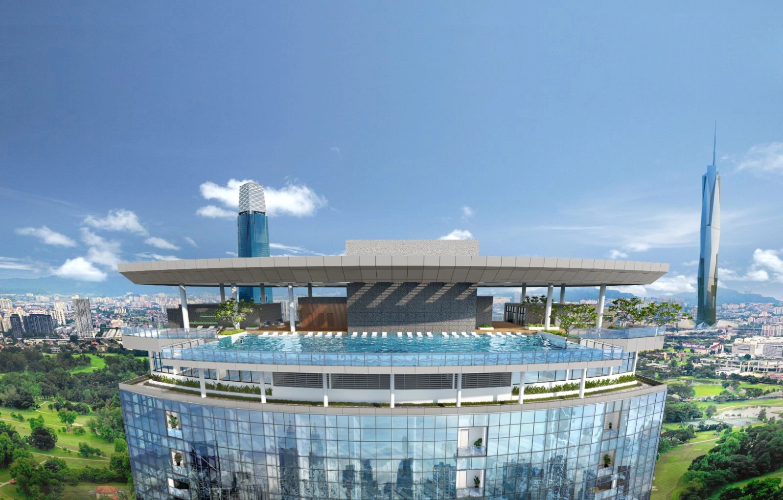 Eaton Residences @ KLCC Level 51 rooftop infinity pool deck by day with KLCC skyline backdrop in Jalan Kia Peng, KLCC, Kuala Lumpur