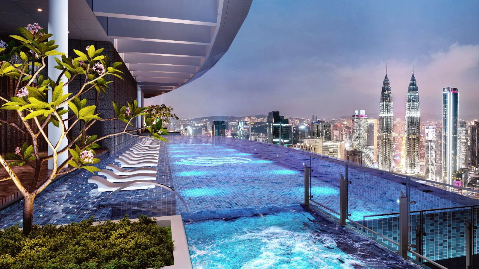 Eaton Residences @ KLCC Level 51 infinity sky pool at night facing the illuminated Petronas Twin Towers in Jalan Kia Peng, KLCC, Kuala Lumpur