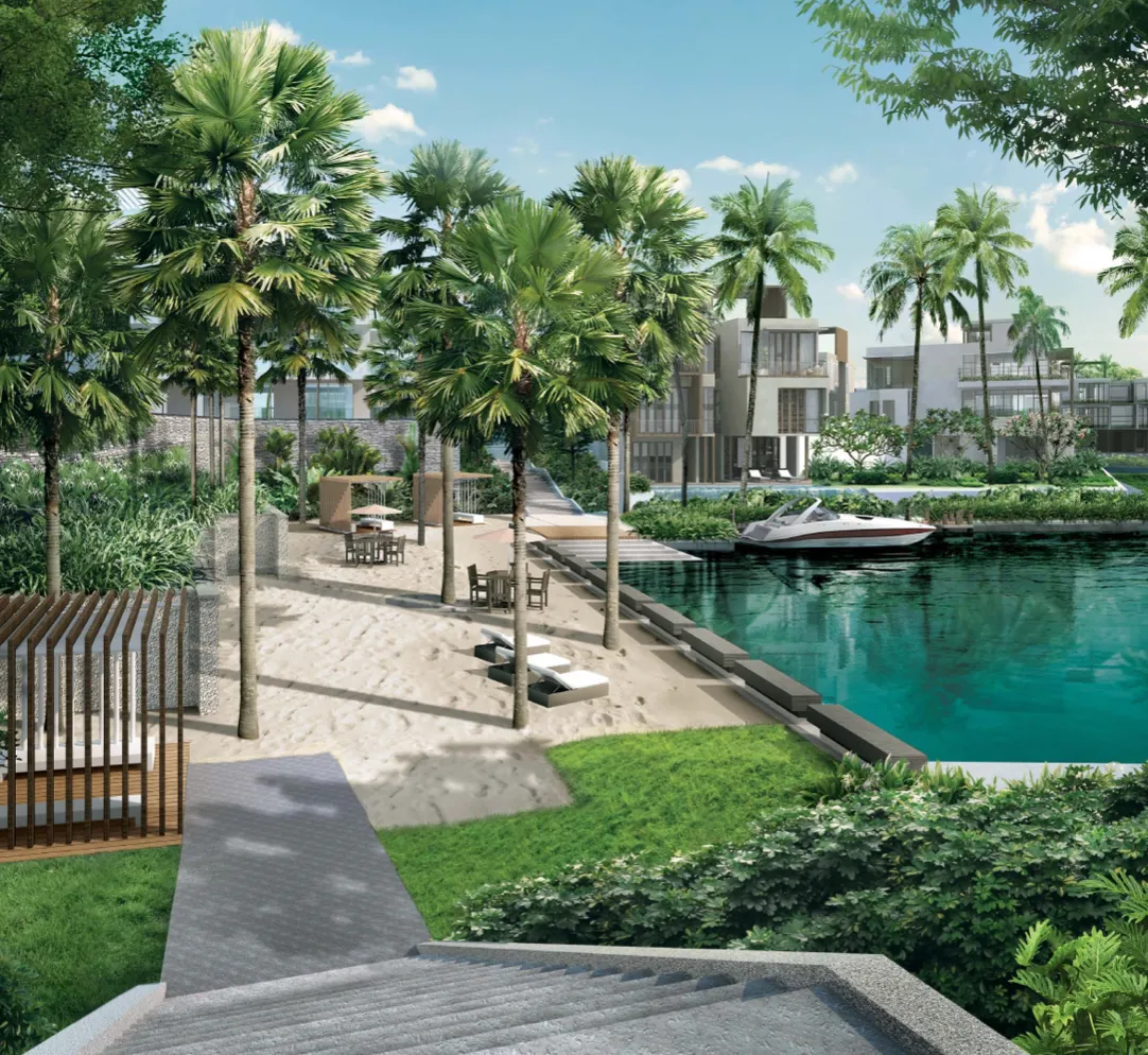 Taman tepi air Emerald Bay Puteri Harbour dengan promenad berpasir, pokok palma dan pelabuhan bot peribadi di sepanjang marina
