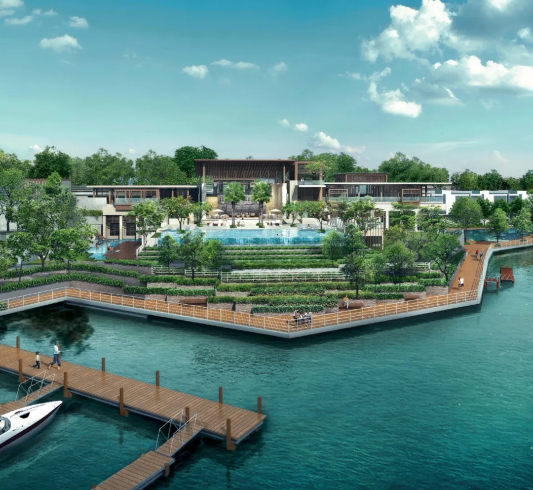 Kelab eksklusif Emerald Bay Puteri Harbour dengan kolam renang bertingkat dan promenad menghadap marina
