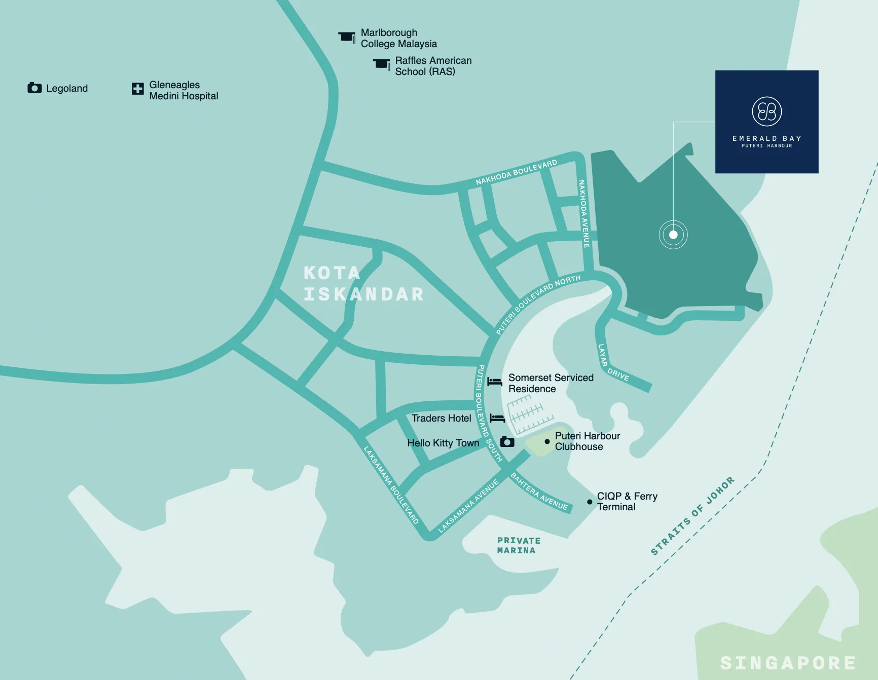 Peta lokasi dan sambungan Emerald Bay Puteri Harbour menunjukkan jarak ke Legoland Malaysia, Marlborough College, Hospital Gleneagles Medini dan pusat pemeriksaan CIQ & Second Link ke Singapura