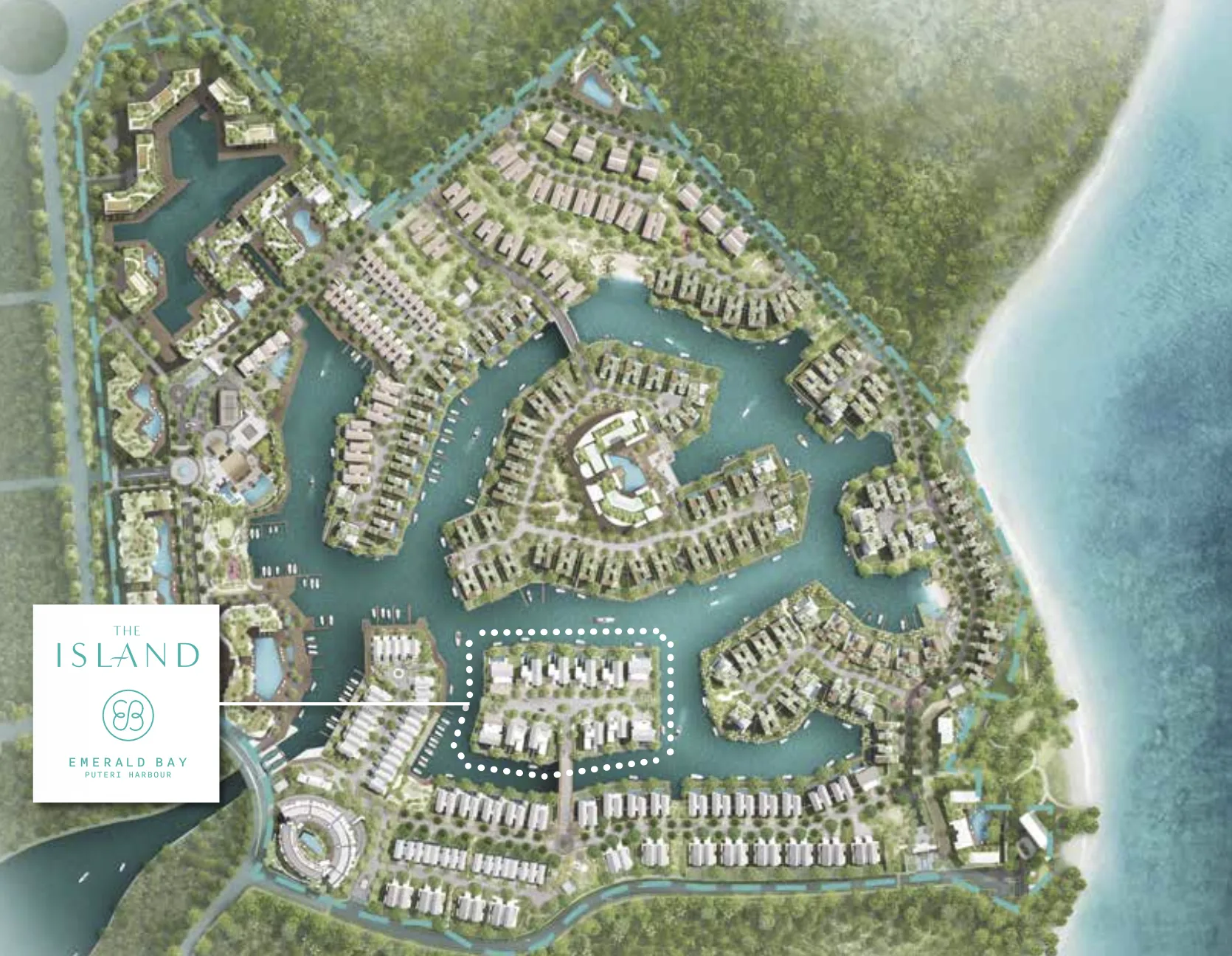Pelan induk Emerald Bay Puteri Harbour menunjukkan lokasi presint The Island dalam pembangunan marina Puteri Harbour yang lebih luas
