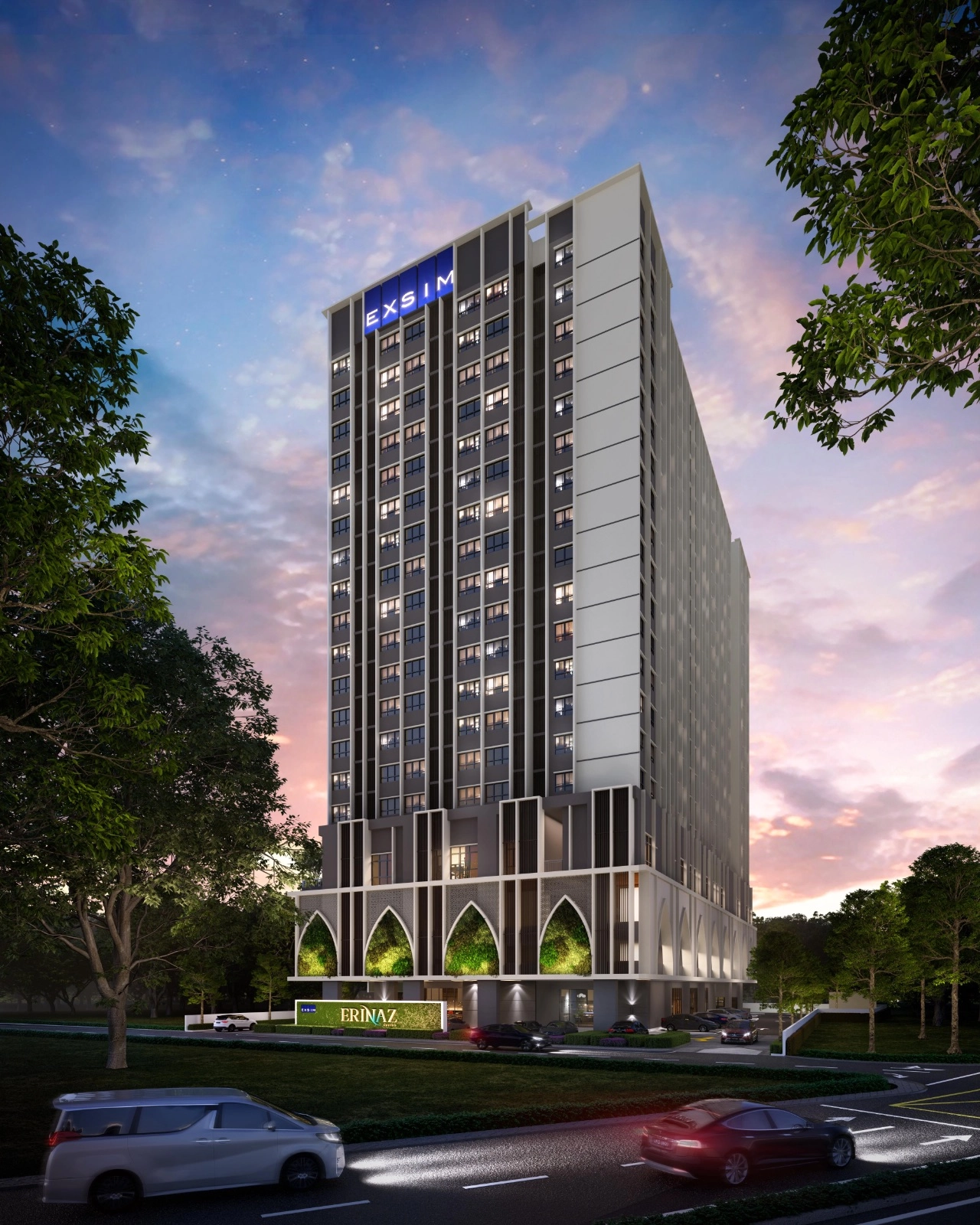 Erinaz Suites tower exterior at dusk in Kubang Kerian, Kelantan