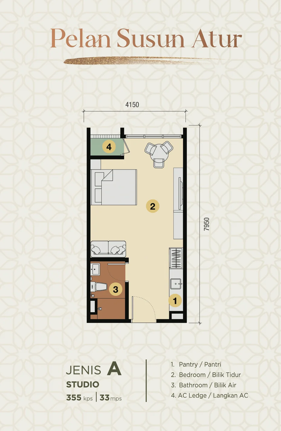 Erinaz Suites Type A studio floor plan, 355 sqft in Kubang Kerian, Kelantan