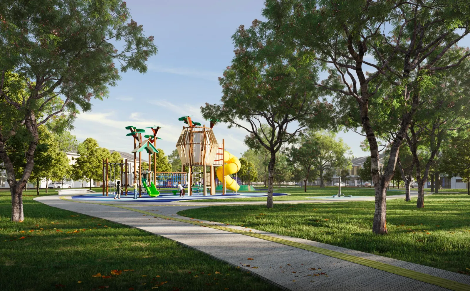 Taman permainan kanak-kanak Estuari Greens dengan laluan jogging melalui taman linear, Iskandar Puteri