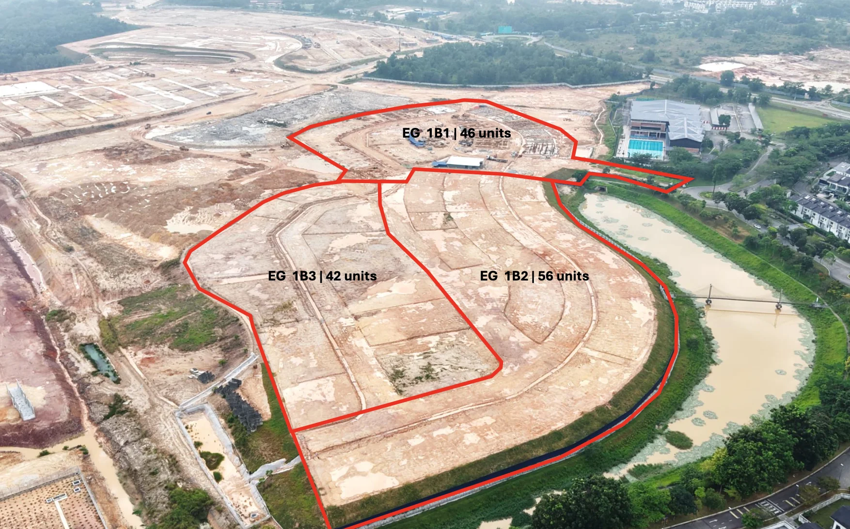 Kemajuan pembinaan kerja tanah Estuari Greens, Fasa 1B1 46 unit, 1B2 56 unit, 1B3 42 unit, Ogos 2026