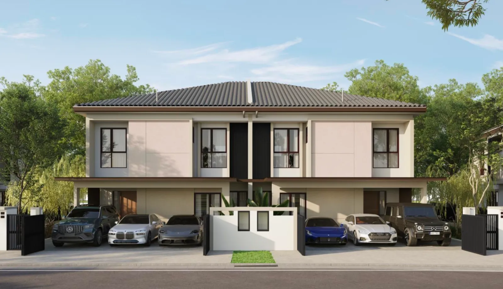 Fasad rumah teres dua tingkat Estuari Greens, bumbung berjubin, Iskandar Puteri