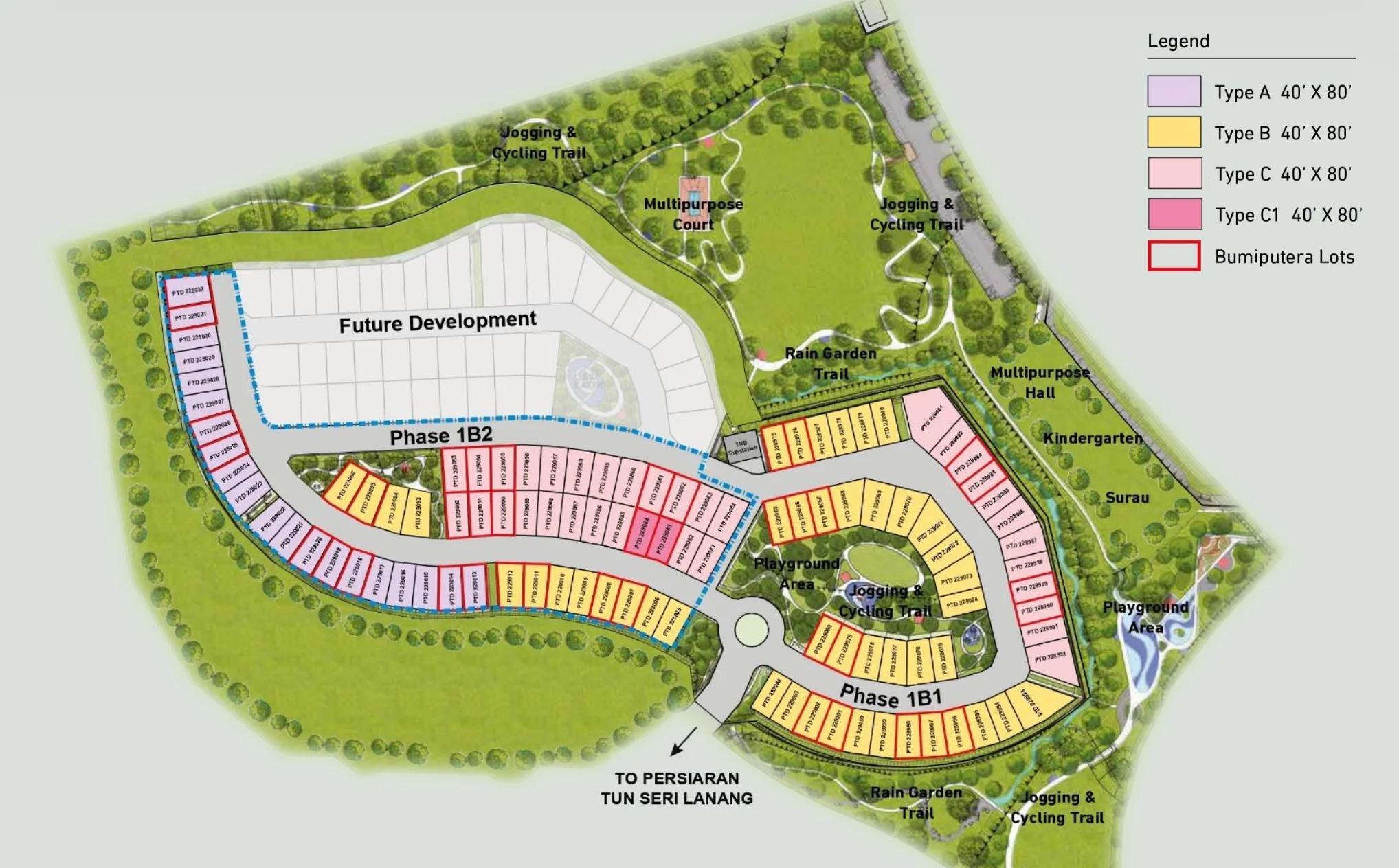 Pelan induk Estuari Greens menunjukkan lot Jenis A/B/C/C1 Fasa 1B1 dan 1B2 sepanjang Persiaran Tun Seri Lanang, Iskandar Puteri