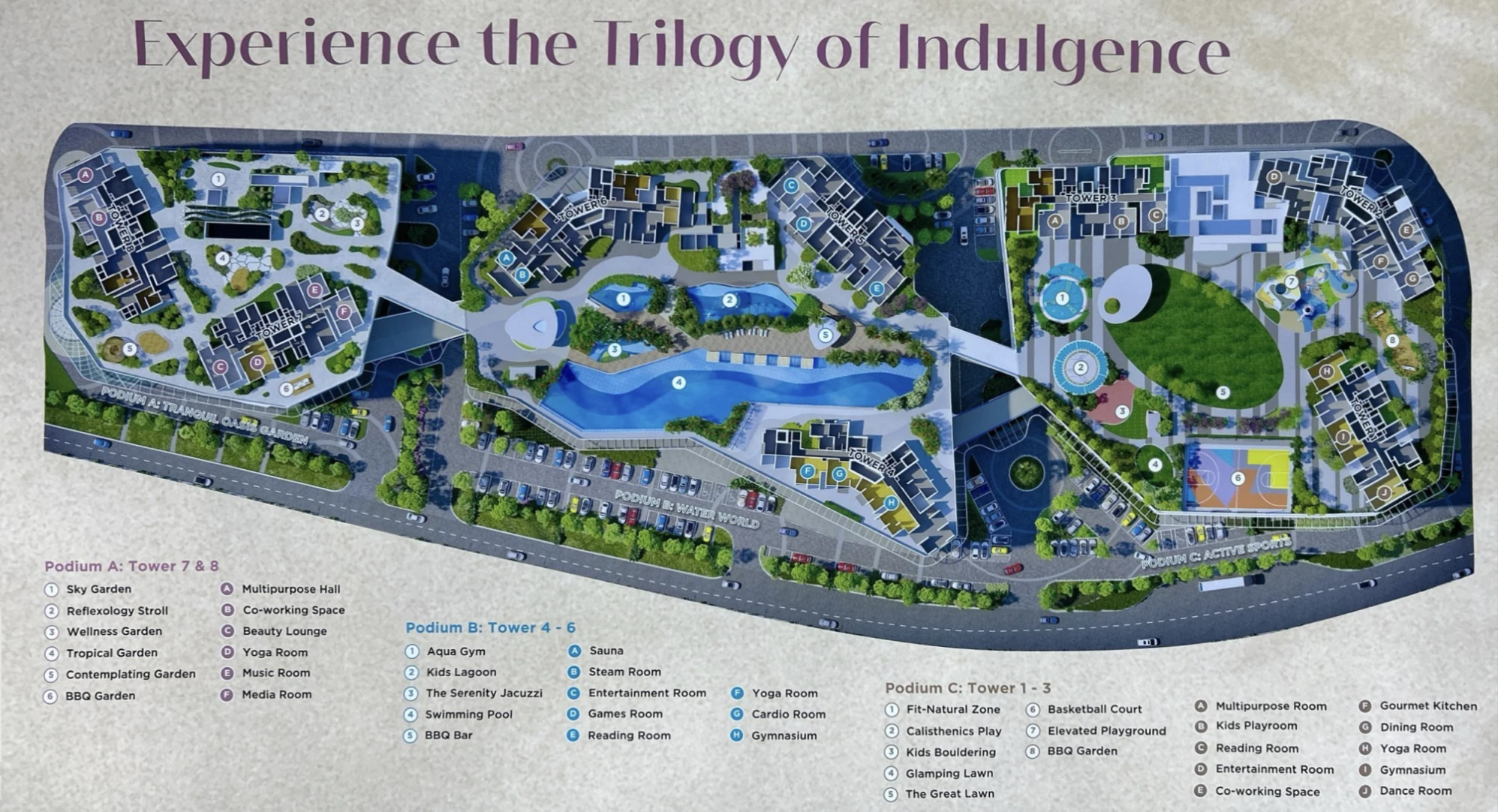 Florian Residence (Vista Tiara) Podium A facilities plan for Tower 7 and Tower 8 — Sky Garden, Reflexology Stroll, Wellness Garden, BBQ Garden and co-working space in Danga Bay, Johor Bahru, Johor