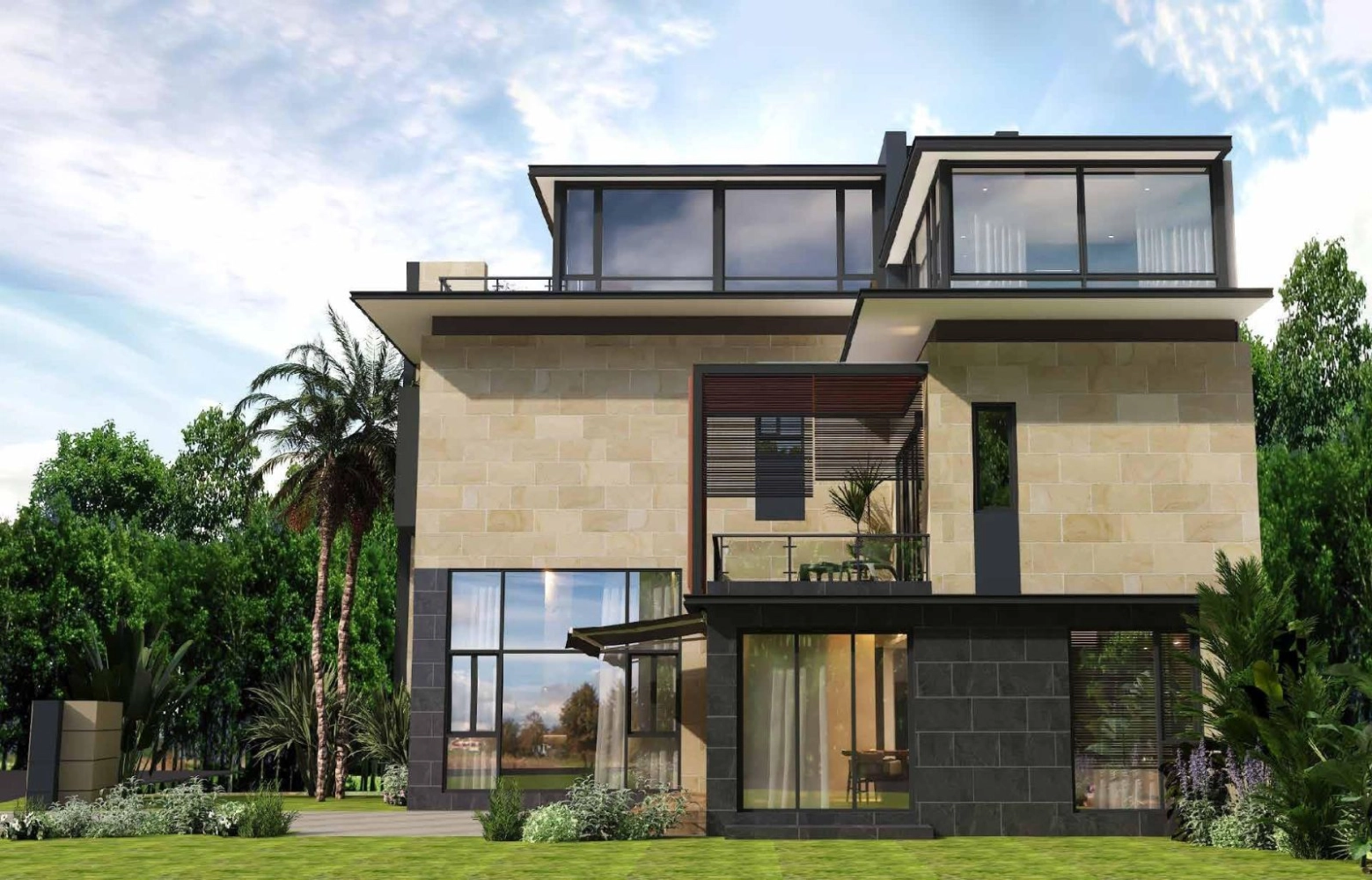 Forest City Golf Villa (Garden Terrace) Forest City Golf Villa artist impression of the rear facade with layered balconies and timber screening in Forest City Golf Resort, Gelang Patah, Johor