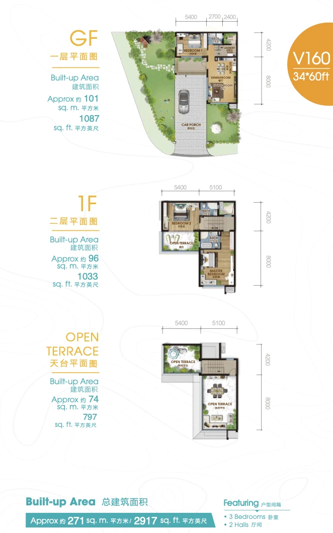 Forest City Golf Villa (Garden Terrace) Forest City Golf Villa V160 floor plan, 34x60ft land, 2,917 sqft built-up, 3 bedrooms, 3 bathrooms and rooftop open terrace in Forest City Golf Resort, Gelang Patah, Johor