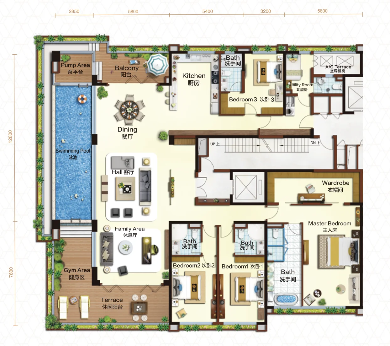 Pelan lantai Naiad's Manor Jenis B1/B2 Forest City Nigella Park, 3,854-4,542 kaki persegi, 3-4 bilik tidur, 3 ruang tamu, 1 bilik utiliti, dengan kolam renang peribadi