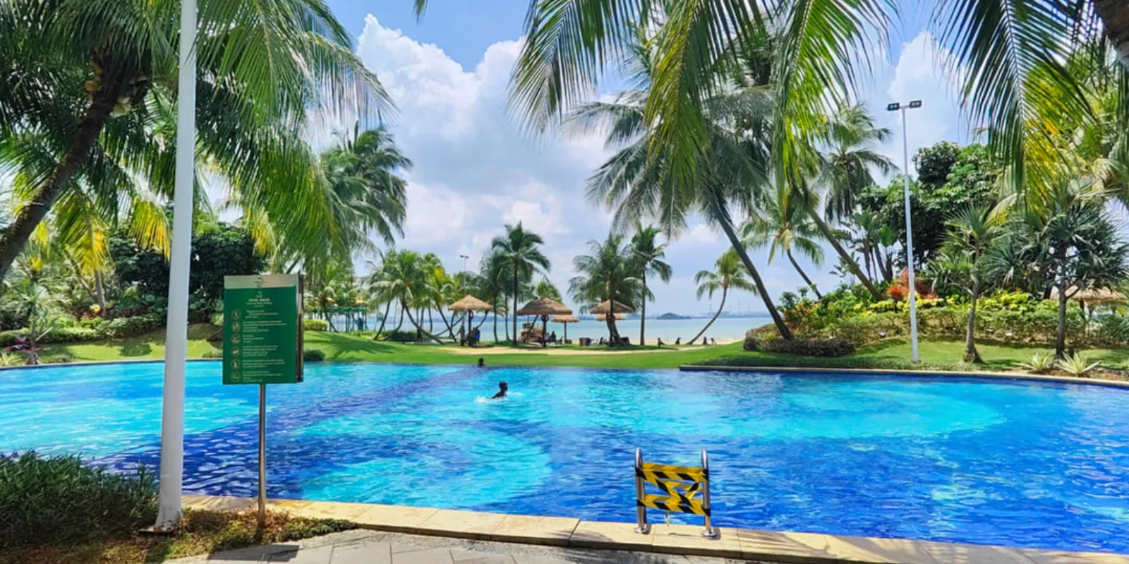 Kolam renang infiniti resort Forest City dikelilingi pokok kelapa dengan pantai peribadi kelihatan