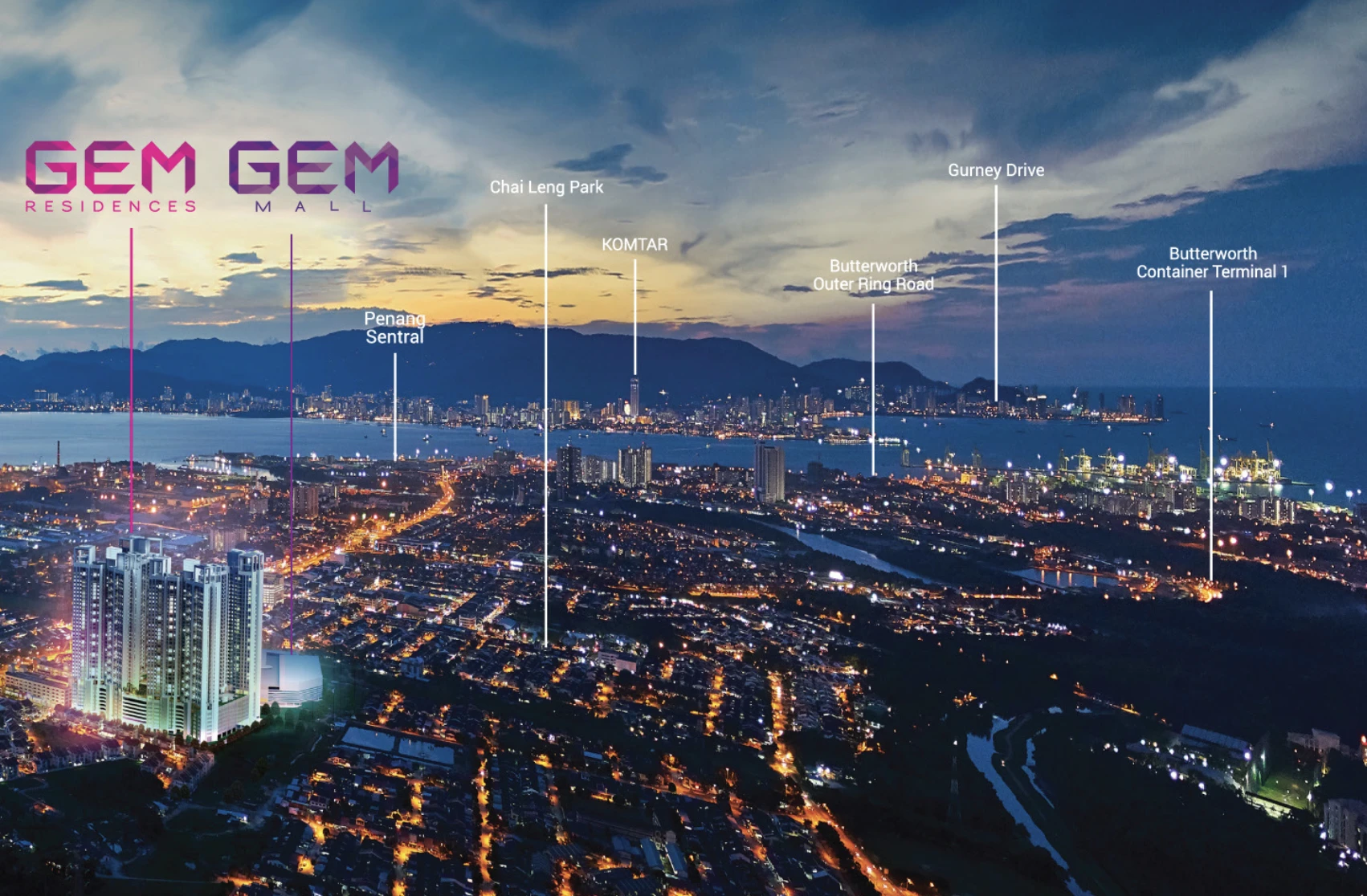 Pandangan udara menunjukkan kedudukan Gem Residence bersebelahan GEM Mall serta jarak ke Penang Sentral, KOMTAR dan Gurney Drive