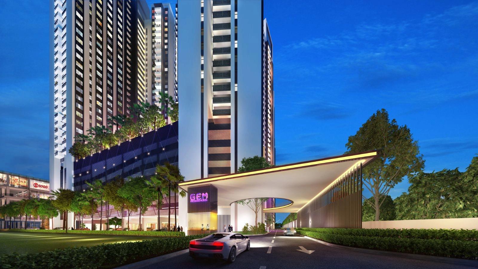 Laluan masuk utama porte cochere Gem Residence waktu malam dengan papan tanda GEM Residences