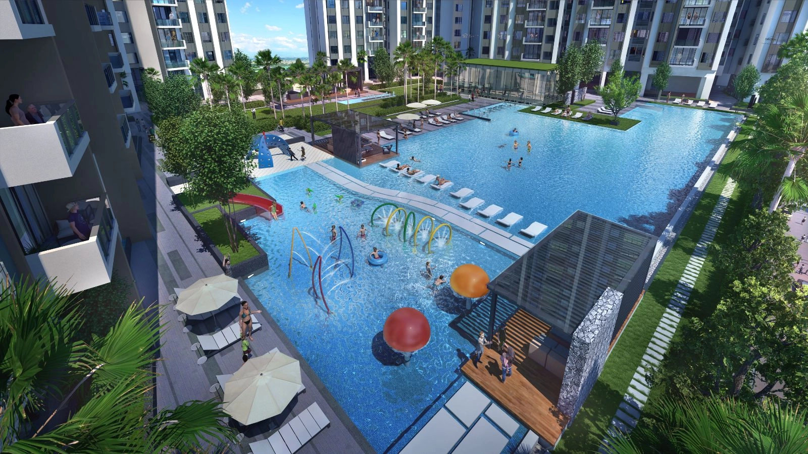 Pandangan udara kolam air kanak-kanak podium Gem Residence dengan gelongsor dan gelang percikan air