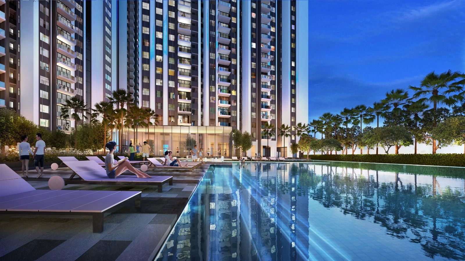 Dek kolam gaya resort Gem Residence dengan kerusi santai waktu senja, Perai Pulau Pinang
