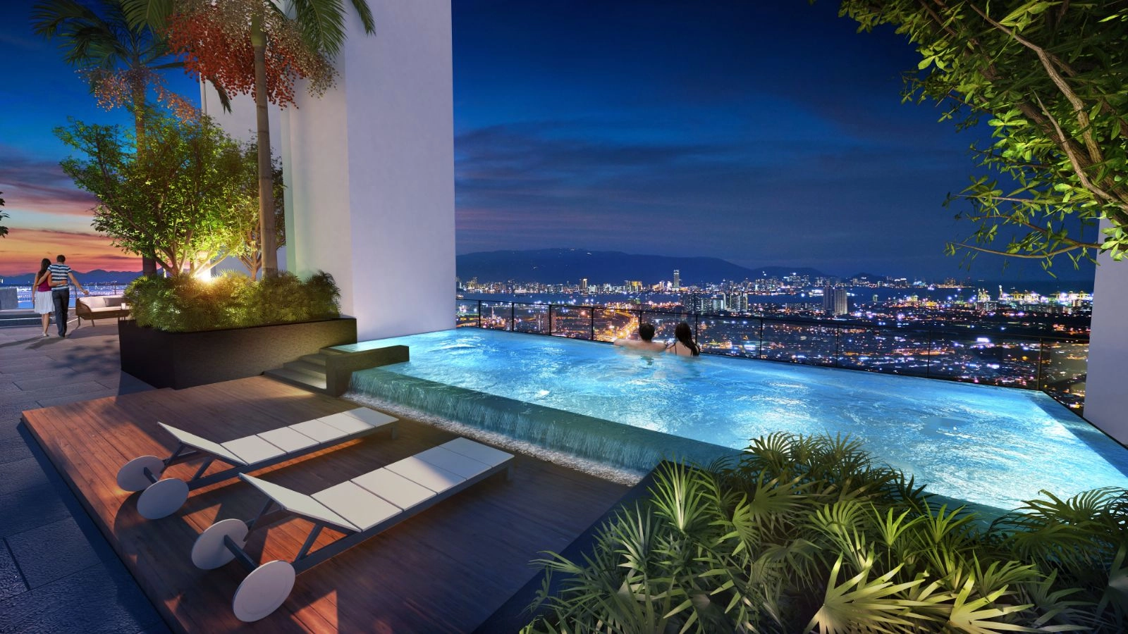 Kolam infiniti Sky Park di bumbung Gem Residence menghadap Jambatan Pulau Pinang dan skyline bandar waktu malam
