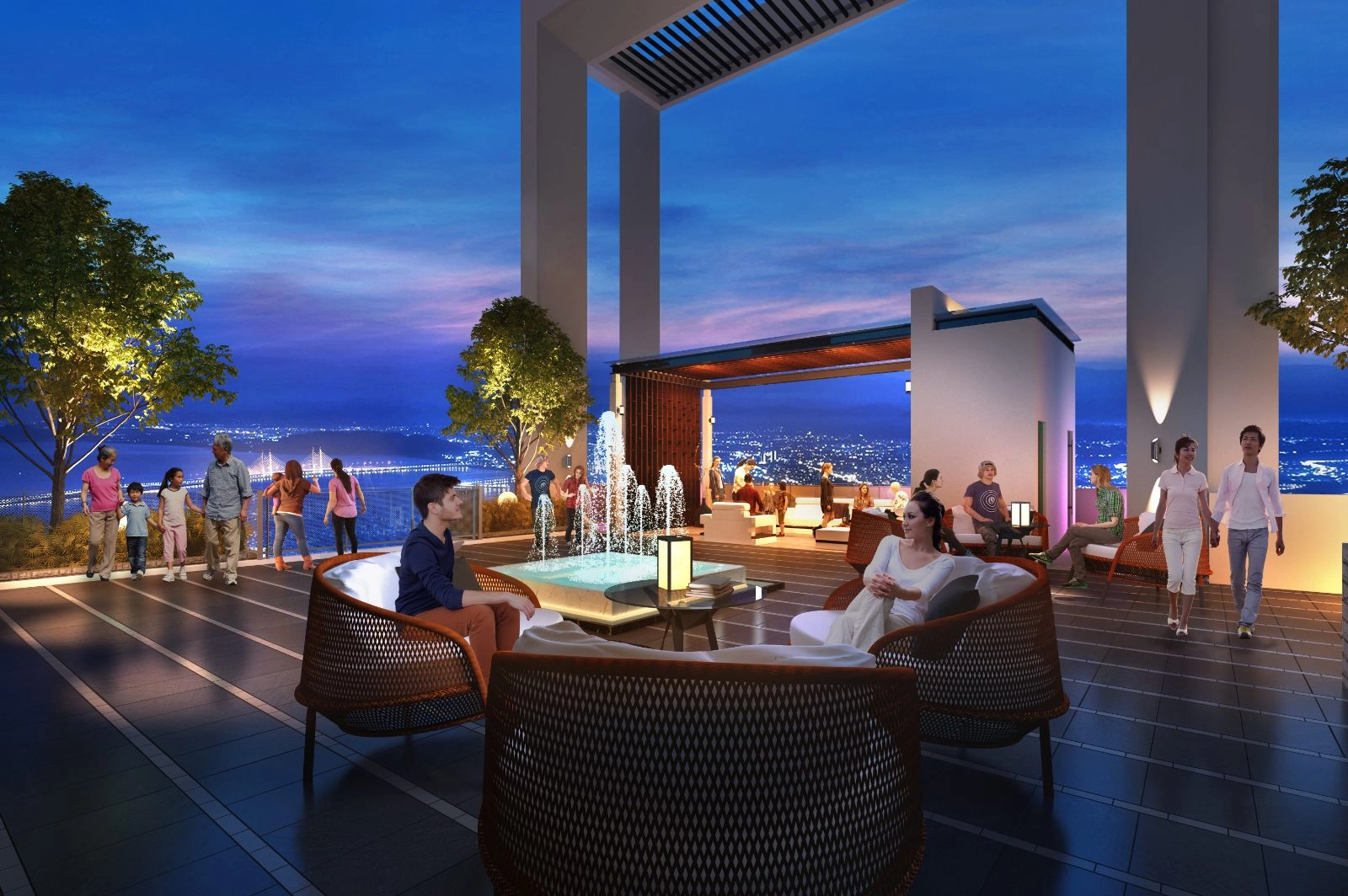 Teres santai langit di bumbung Gem Residence dengan air pancut dan pemandangan malam Jambatan Pulau Pinang