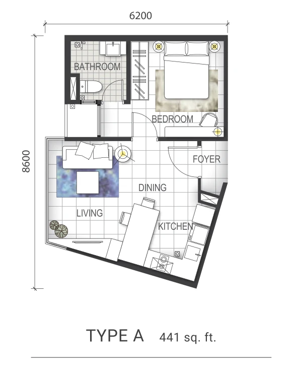 Pelan lantai Jenis A Gem Residence, 441 kaki persegi, 1 bilik 1 bilik air