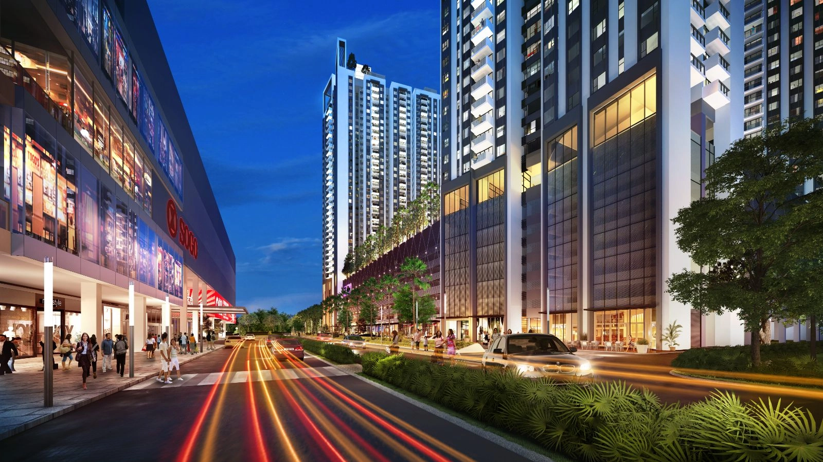 Pemandangan jalan waktu malam Gem Residence bersebelahan pintu masuk SOGO di GEM Mall, Perai Pulau Pinang