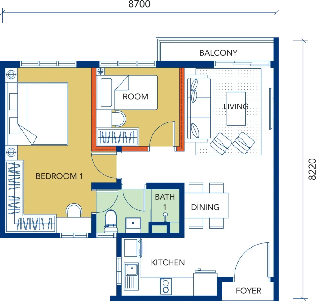 Gen Starz住宅 Type A 户型图,建筑面积650平方尺,2房1卫,客厅、饭厅与厨房相连的开放式格局