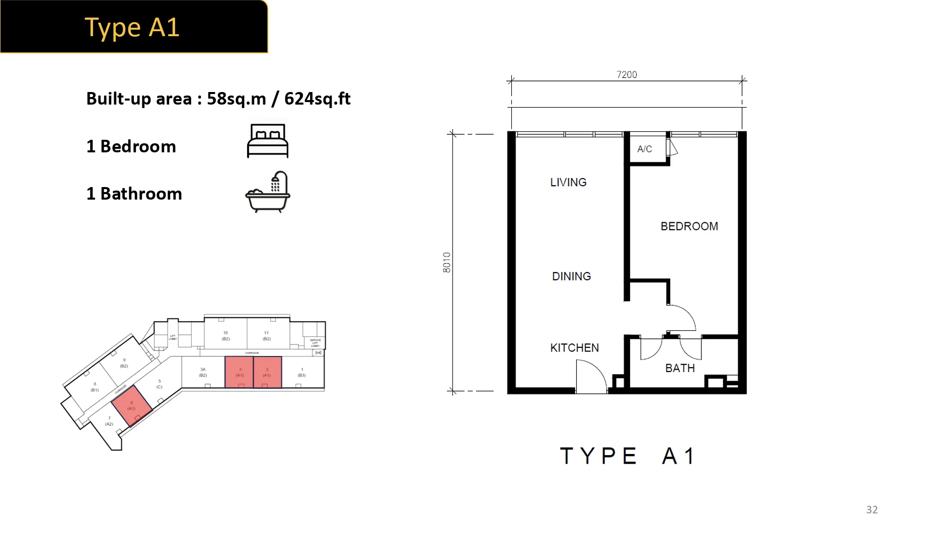 Golden Crown Residence Type A1 floor plan, 1 bedroom 624 sqft