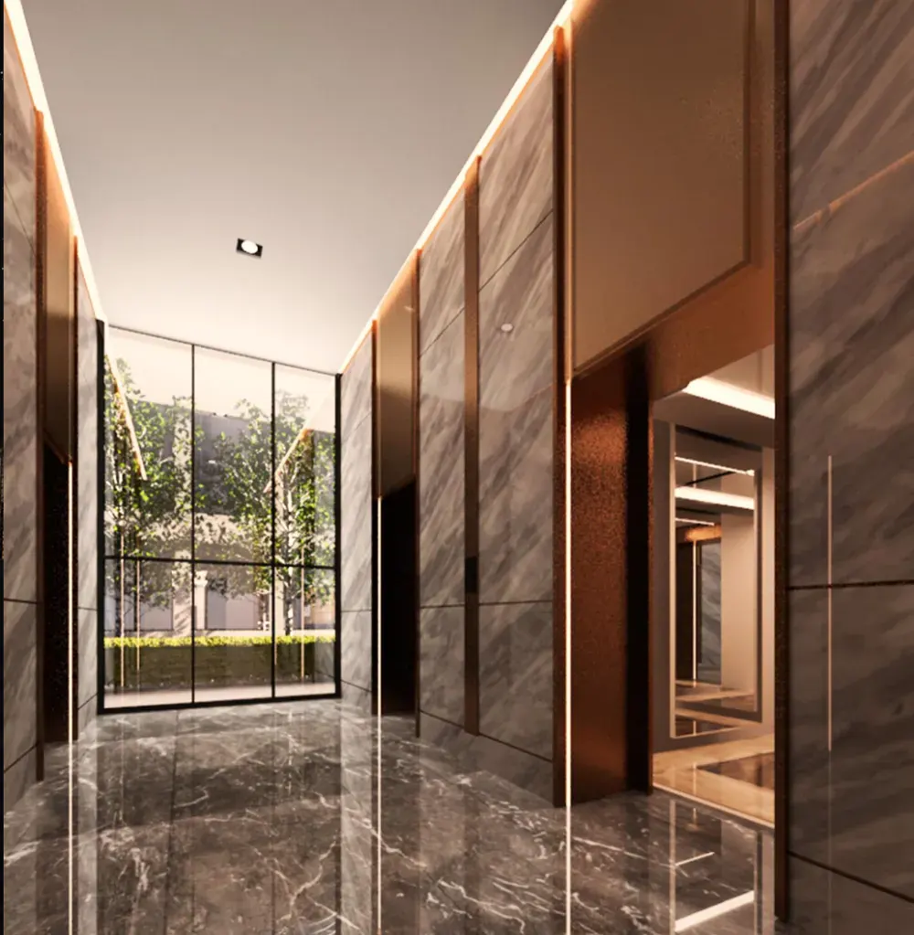 Golden Crown Residence marble-finished unit corridor